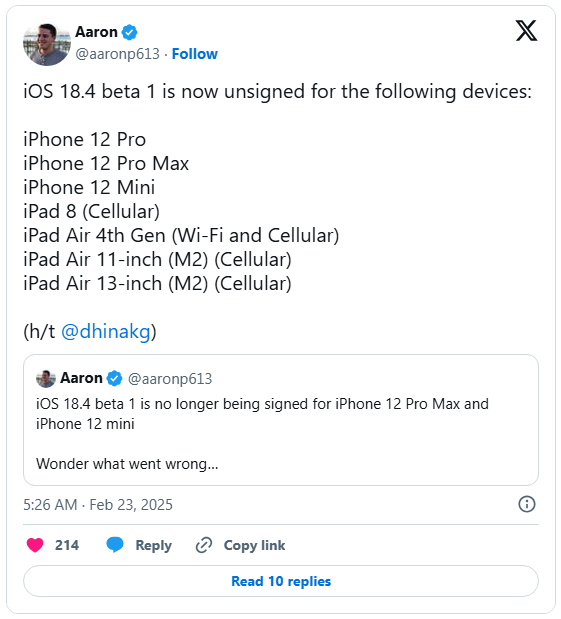 iOS 18.4 Beta Now Unavailable Across Entire iPhone 12 Lineup and More