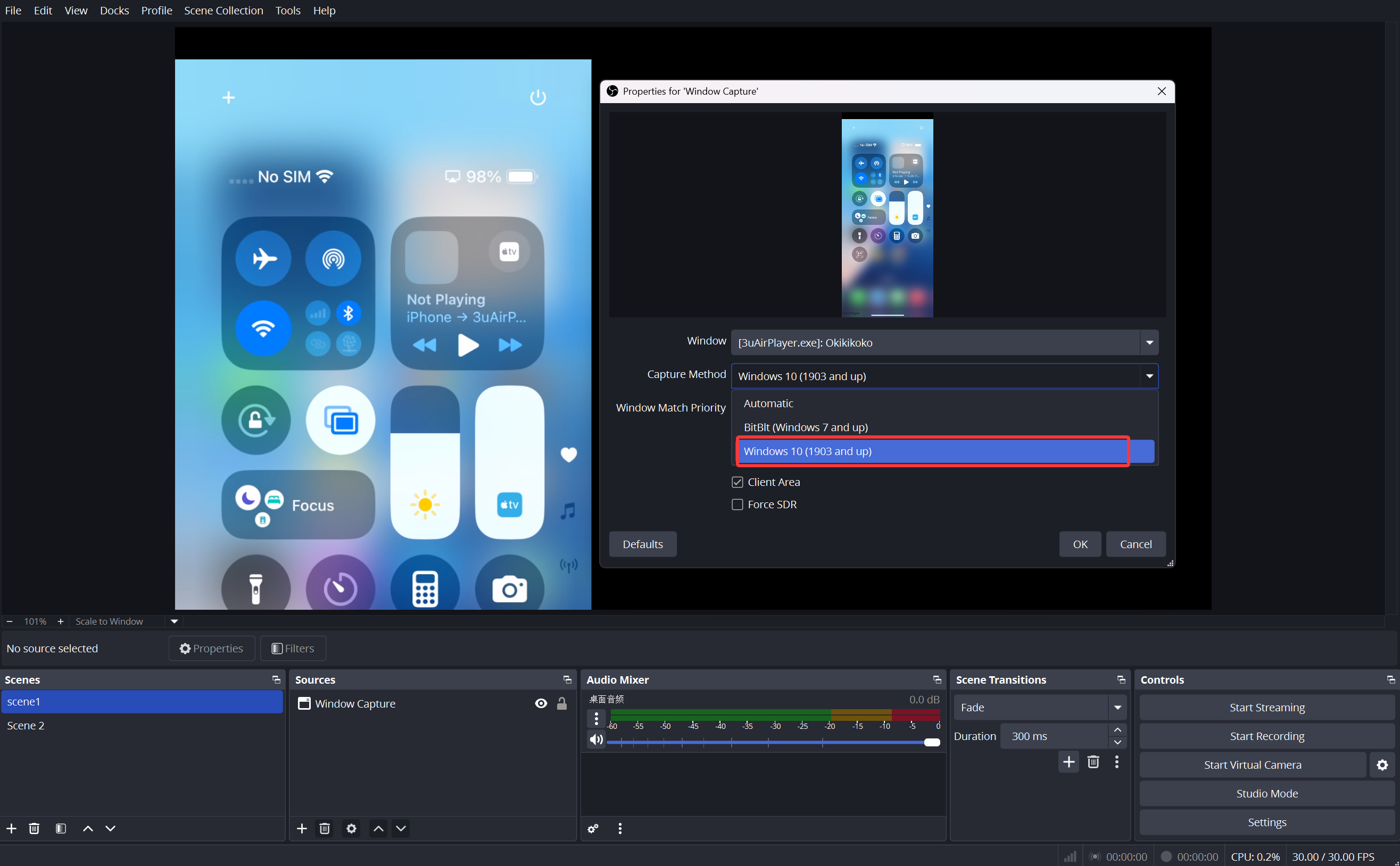 OBS Capturing 3uAirPlayer Window Shows Black-and-White or Partial Screen