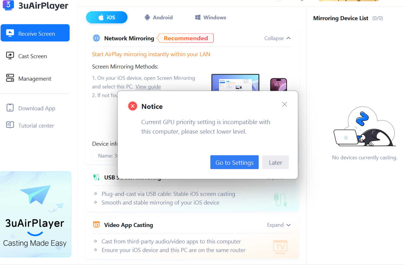 Tutorial: Fix the “GPU Scheduling Priority Incompatible” Warning in 3uAirPlayer