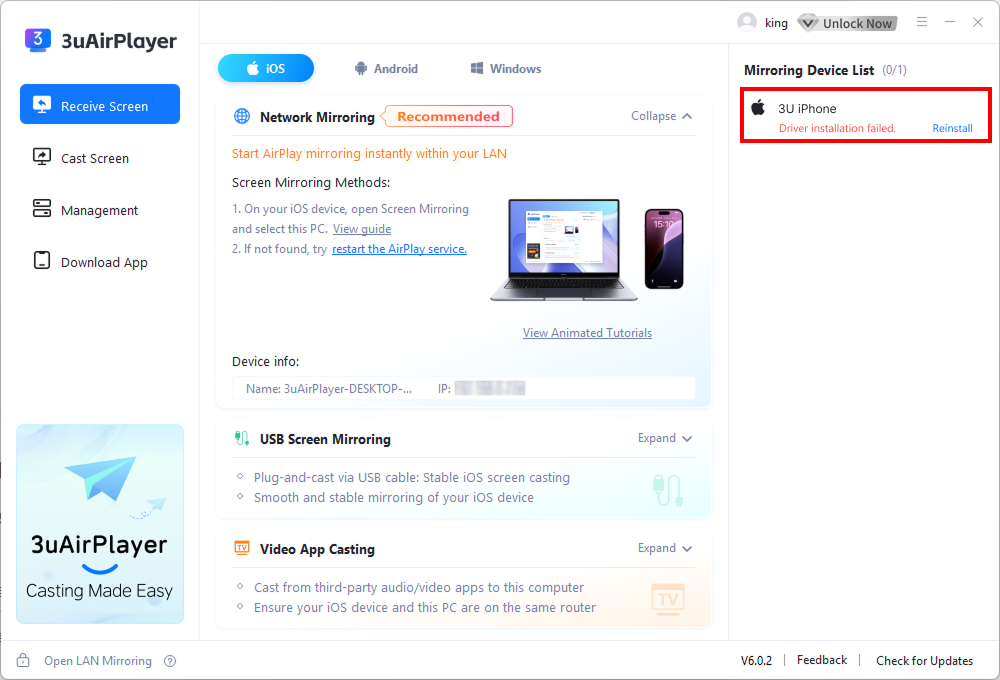 “Failed to Initialize Device” When Using Wired Screen Mirroring “Failed to Initialize Device” When Using Wired Screen Mirroring