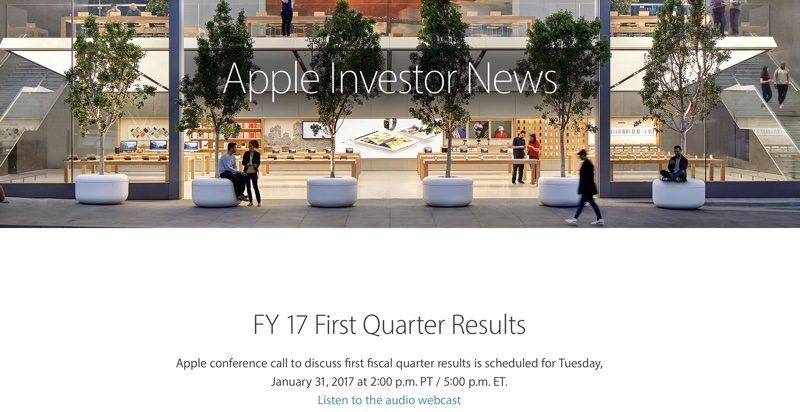 Apple to Announce Q1 2017 Earnings on January 31