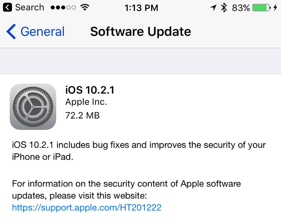 Apple iOS 10.2.1 Is Now Available