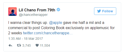 Chance the Rapper Reveals How Much Apple Music Paid for Coloring Book
