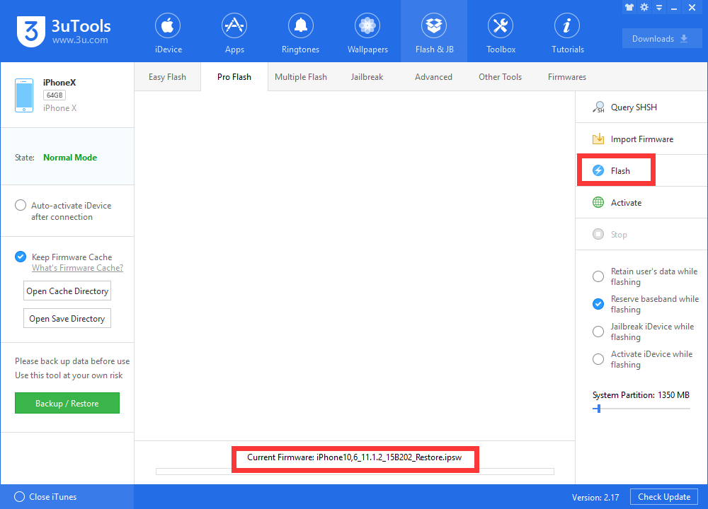 Downgrade iPhone from iOS 11.2 to iOS 11.1.2 in 3uTools Pro Flash Mode