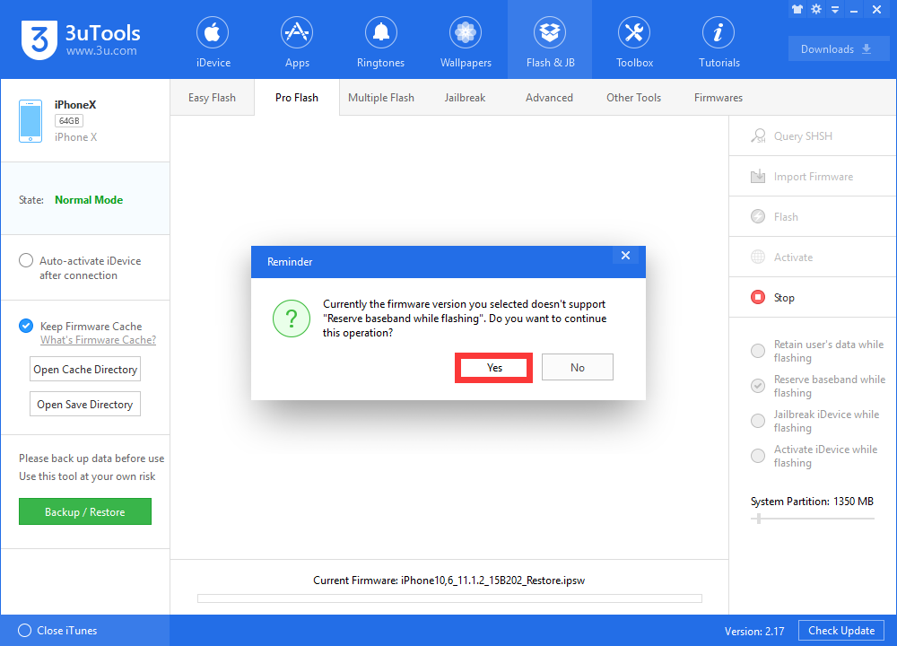 Downgrade iPhone from iOS 11.2 to iOS 11.1.2 in 3uTools Pro Flash Mode