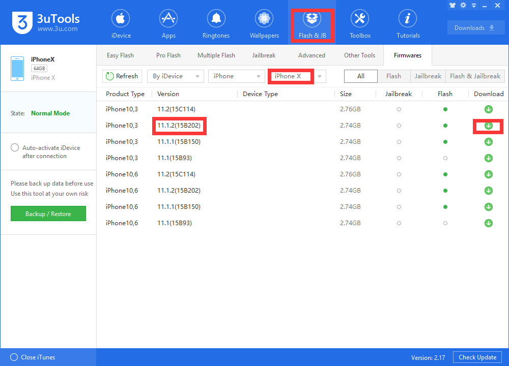 Downgrade iPhone from iOS 11.2 to iOS 11.1.2 in 3uTools Pro Flash Mode