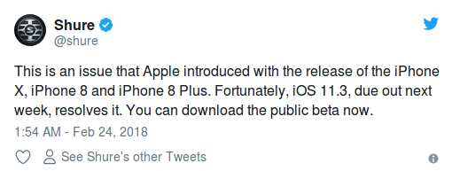 iPhone Accessory Maker Shure Claims iOS 11.3 to be Released Next Week, Includes Fix for their Mics
