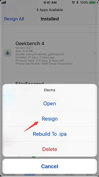 Ext3nder Installer: Re-Sign IPAs Without PC  on iOS 11 Electra Jailbreak