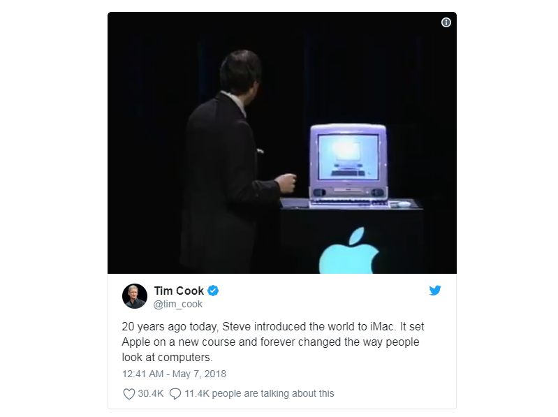 Tim Cook Commemorates 20 years of iMac