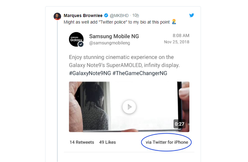 Samsung Tweets Galaxy Note 9 Promo From Twitter for iPhone 