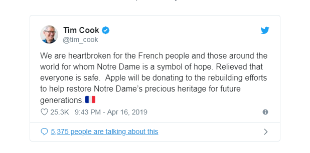 Apple Will Donate to Notre Dame Rebuilding Efforts